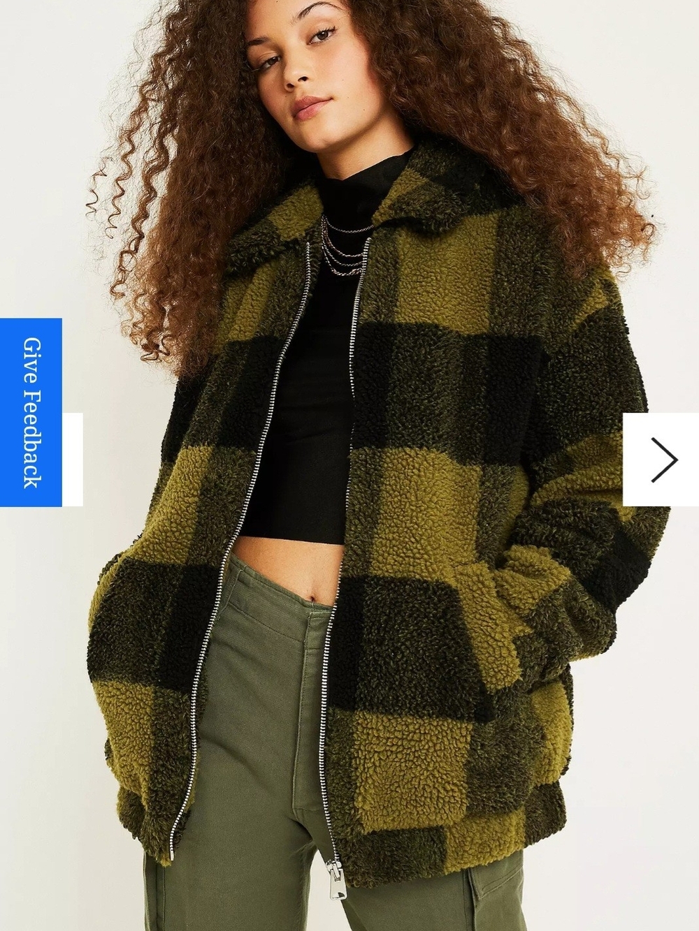 Urban Outfitters Olive & Black Check Sherpa Zip Jacket
